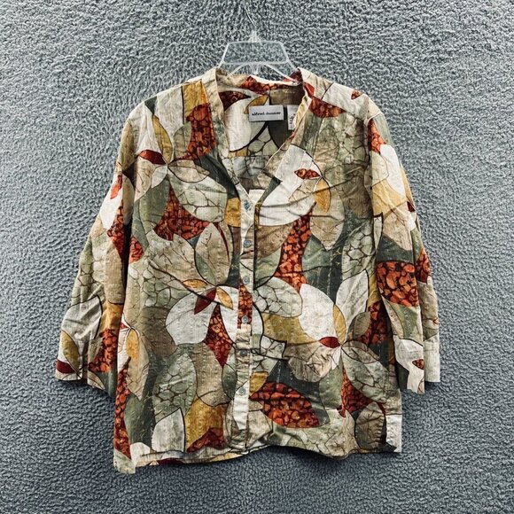 Alfred Dunner Women Top 16 Tan Brown Button Front 3/4 Sleeve Shirt Stretch Fall - Picture 1 of 10